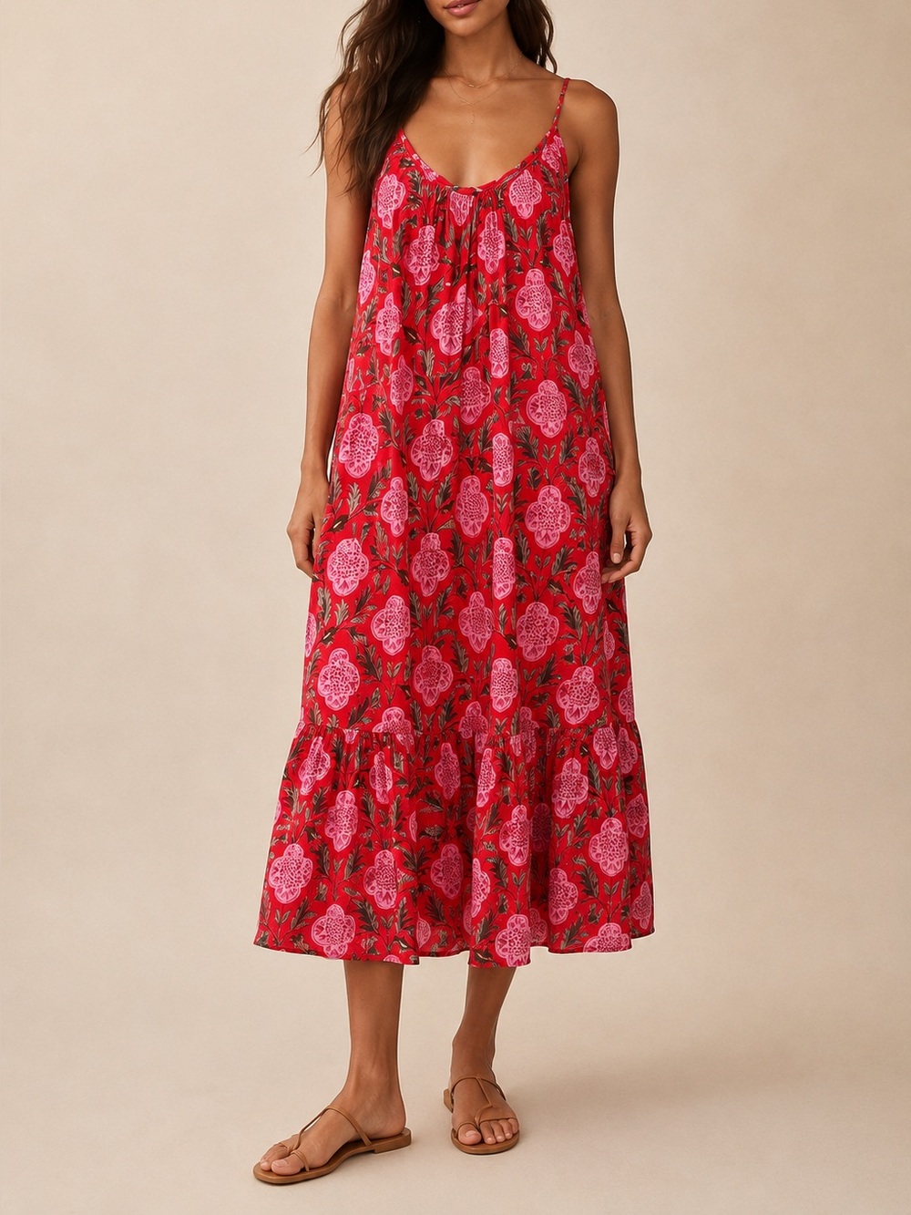 RHODE Resort Lea Dress Womenβs Medium Red Pink Floral Midi Dress